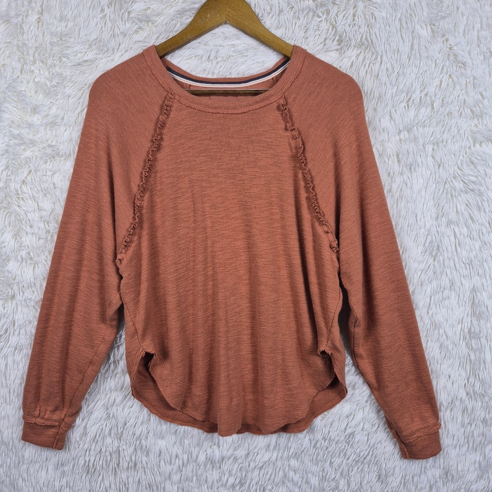 Pilcro By Anthropologie Rust Slub Knit Ruffle Trim Thermal Long Sleeve Top Small